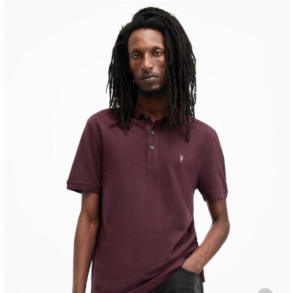 AllSaints Vidal Burgundy Maroon Short Sleeve Men’s Polo Shirt Size Medium
